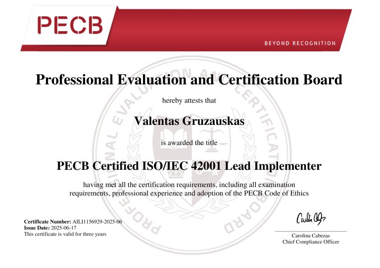 ISO 42001 lead implementor certificate. Valentas Gruzauskas. AICR Consulting